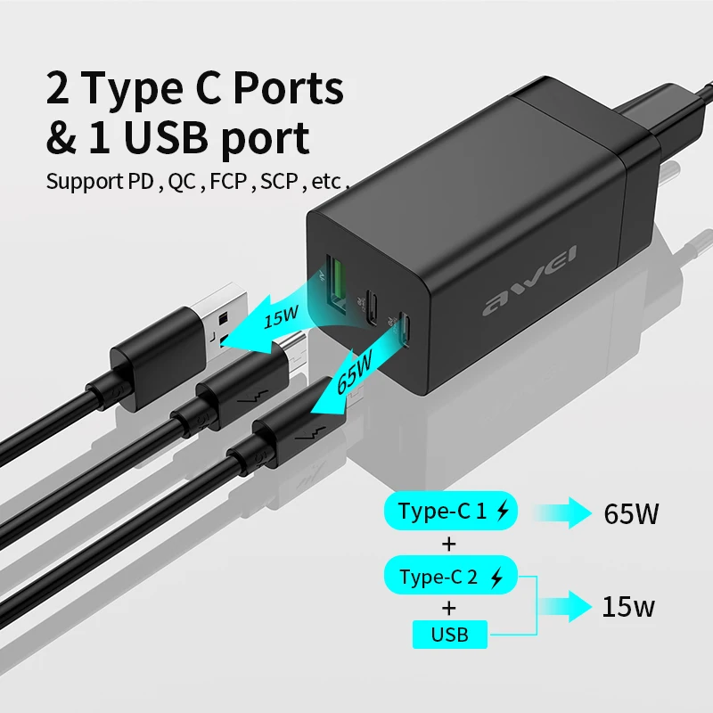 Awei 65W PD9 3 порта EU GaN быстрое зарядное устройство PD Быстрая зарядка QC адаптеры вилка