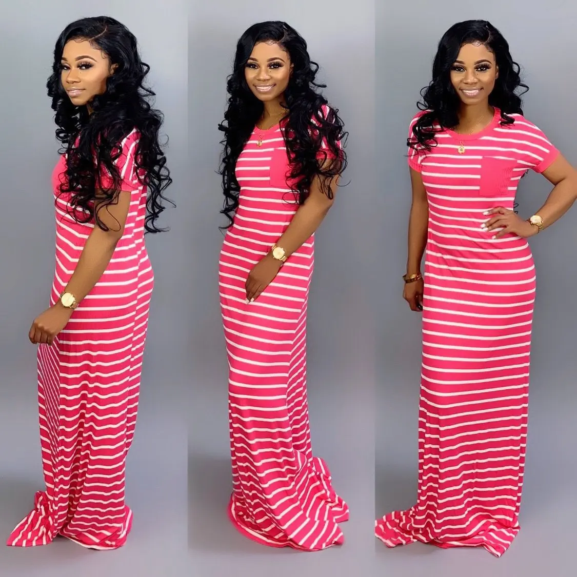 Summer Striped Tshirt Long Dress Women Fashion Round Neck Short Sleeve Pocket Striped Maxi Dress for Women
Summer Striped Tshirt Long Dress Women Fashion Round Neck Short Sleeve Pocket Striped Maxi Dress for Women