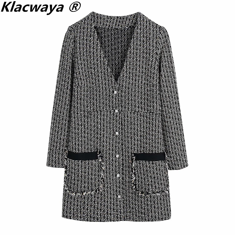 

Klacwaya твидовое платье для женщин 2021 винтажное мини-платье с V-образным вырезом и длинным рукавом женская одежда осеннее Повседневное платье ...