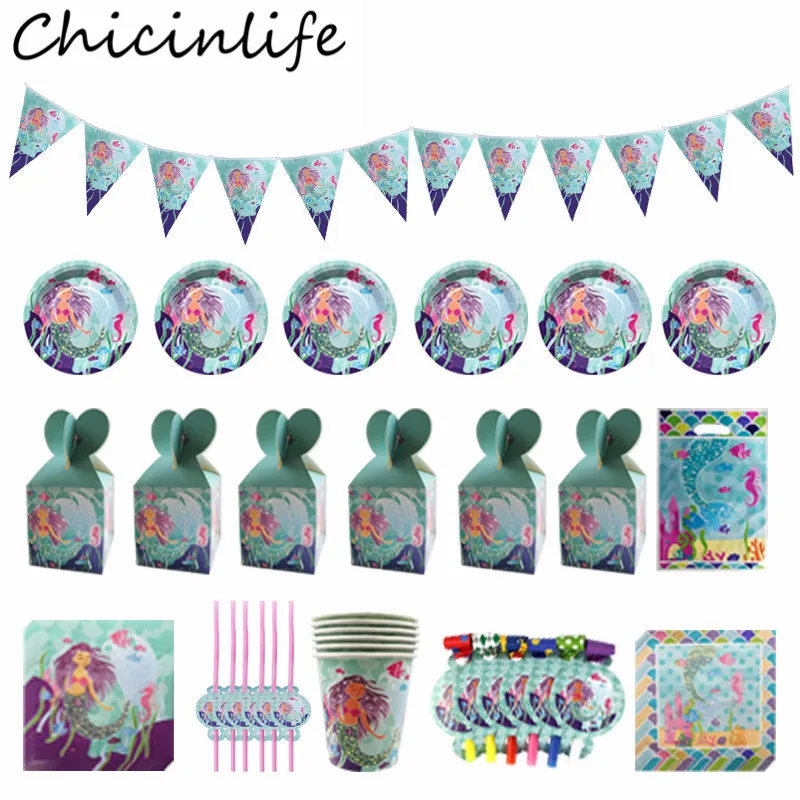 

Chicinlife одноразовая посуда для вечерние ринки в стиле русалки, салфетки, соломенный баннер, коробка для конфет, декор для детского дня рождения, вечеринки