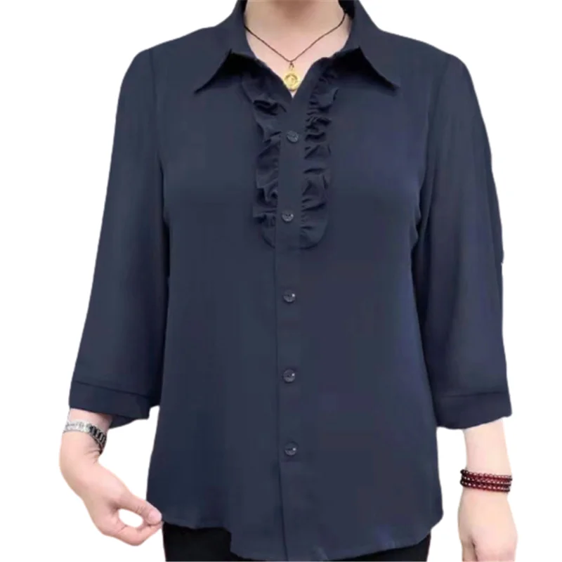 Three Quarter Women Shirts Ruffles Button Single Breasted Fashion Pullover Tops Solid Color Turn-down Collar Office Work Blouses
Three Quarter Women Shirts Ruffles Button Single Breasted Fashion Pullover Tops Solid Color Turn-down Collar Office Work Blouses