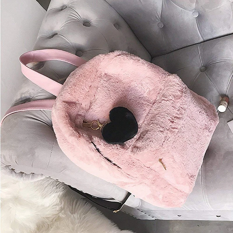 Women Soft Faux Fur Plush Backpack Shoulder Bag Fluffy School with Heart Pendant (Pink) | Багаж и сумки