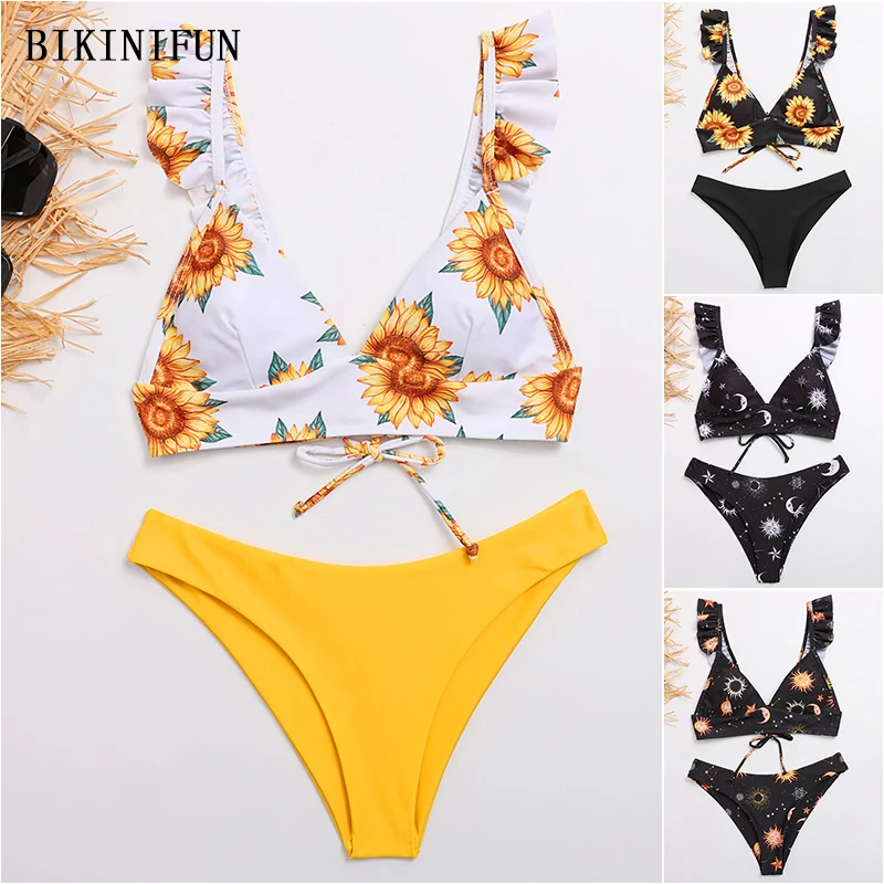2020 New Sexy Sunflower Print Swimsuit Women Wide Straps Swimwear Ruffled Beachwear S-XL Girl Backless Bathing Suit Bikini Set
2020 New Sexy Sunflower Print Swimsuit Women Wide Straps Swimwear Ruffled Beachwear S-XL Girl Backless Bathing Suit Bikini Set