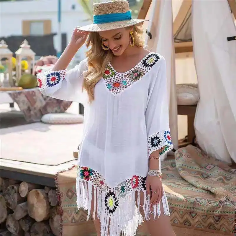 White Bikini Cover Up With Fringe Trim Women Sexy Hollow Tunic Beach Dress 2021 Summer Bathing Suit Beachwear
White Bikini Cover Up With Fringe Trim Women Sexy Hollow Tunic Beach Dress 2021 Summer Bathing Suit Beachwear
