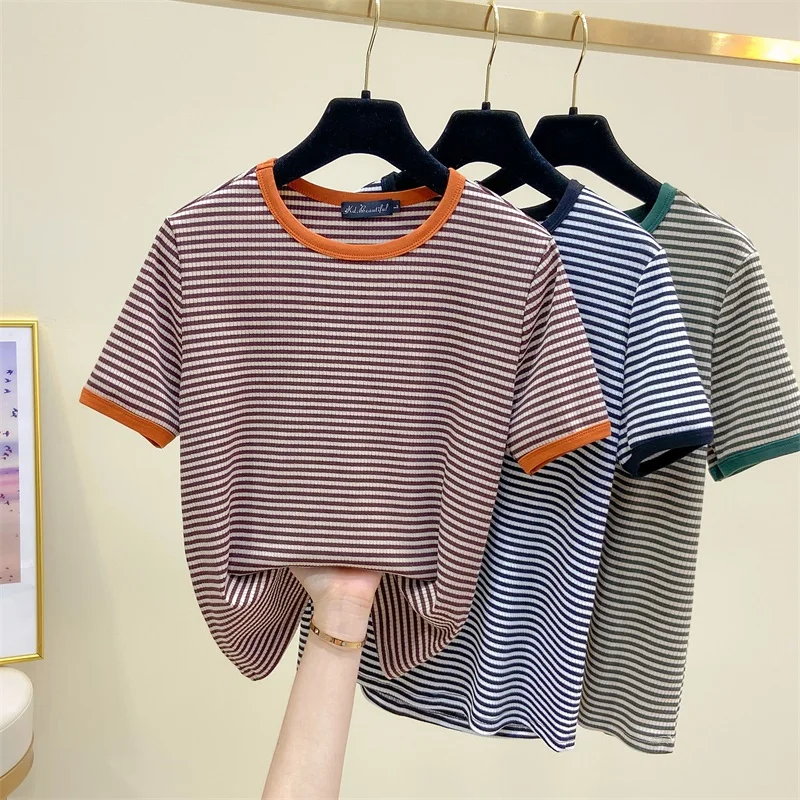 Striped Cotton Short Sleeved Plus Size Spring Autumn Summer Vintage Clothes For Women Oversized T-Shirt Tops Blouses 2021
Striped Cotton Short Sleeved Plus Size Spring Autumn Summer Vintage Clothes For Women Oversized T-Shirt Tops Blouses 2021