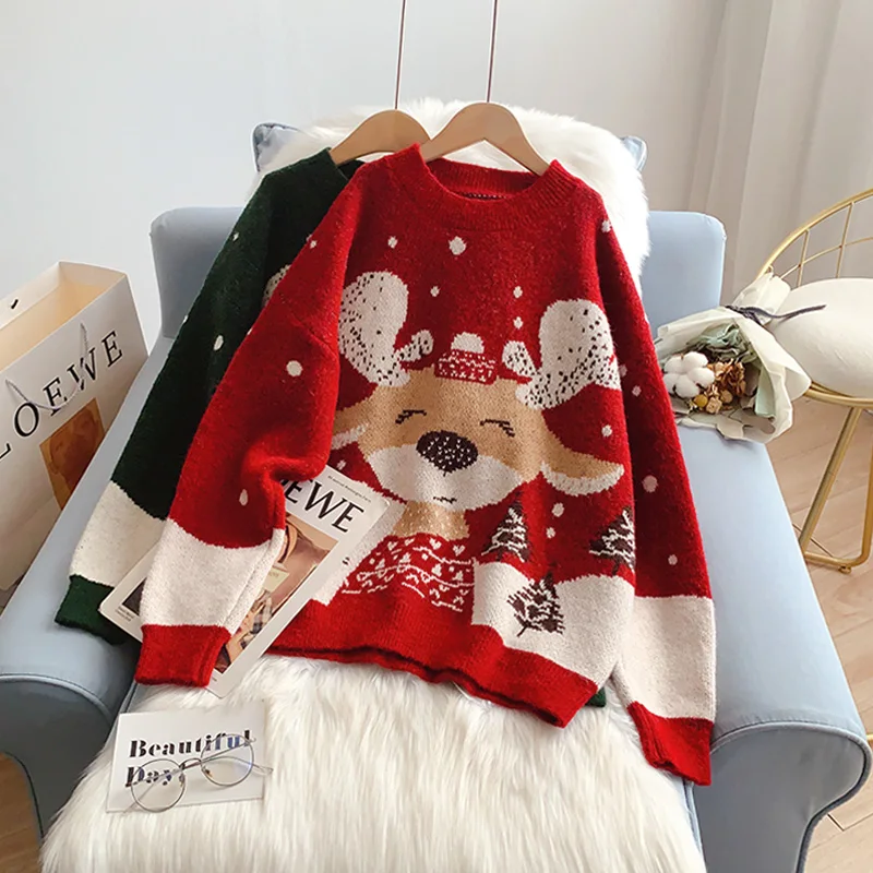 

Женский вязаный свитер SONG YI, Красный Рождественский пуловер свободного покроя с изображением оленя, корейский джемпер для осени и зимы, J243