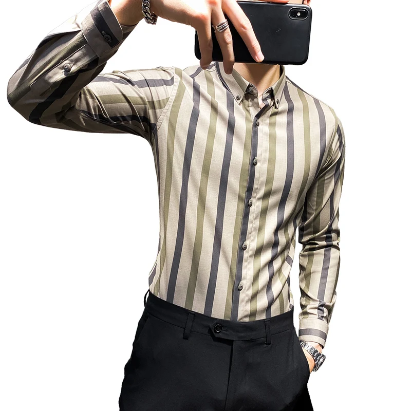 Men Khaki Striped Shirts Formal Business Dress Shirt Men Slim Fit Casual Long Sleeve Streetwear Social Camisas Para Hombre V623
Men Khaki Striped Shirts Formal Business Dress Shirt Men Slim Fit Casual Long Sleeve Streetwear Social Camisas Para Hombre V623