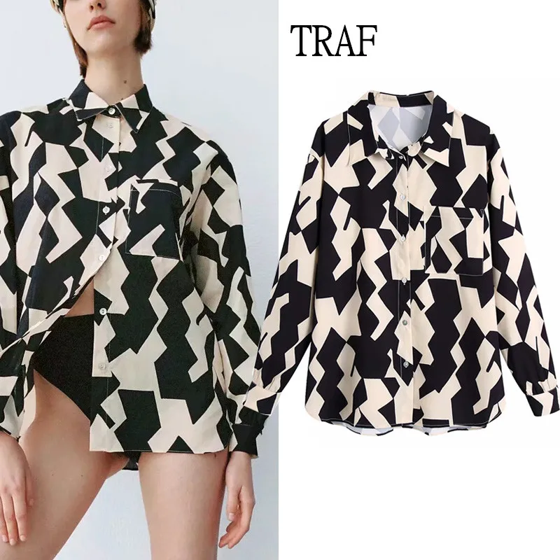 TRAF 2021 Top Woman Summer Print Pocket Shirt Women Loose Long Sleeve Button Shirts Fashion Office Lady Casual Woman Blouses
TRAF 2021 Top Woman Summer Print Pocket Shirt Women Loose Long Sleeve Button Shirts Fashion Office Lady Casual Woman Blouses