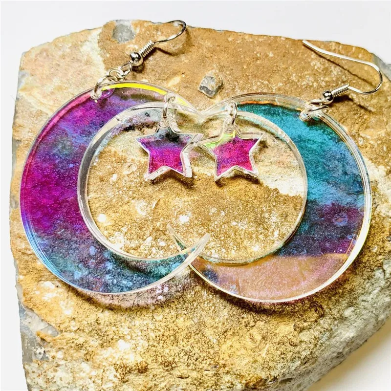 Iridescent Acrylic Crescent Moon & Star Earrings, Laser Cut Acrylic Chic Boho Jewelllry for Women, Rainbow Statement Earrings
Iridescent Acrylic Crescent Moon & Star Earrings, Laser Cut Acrylic Chic Boho Jewelllry for Women, Rainbow Statement Earrings