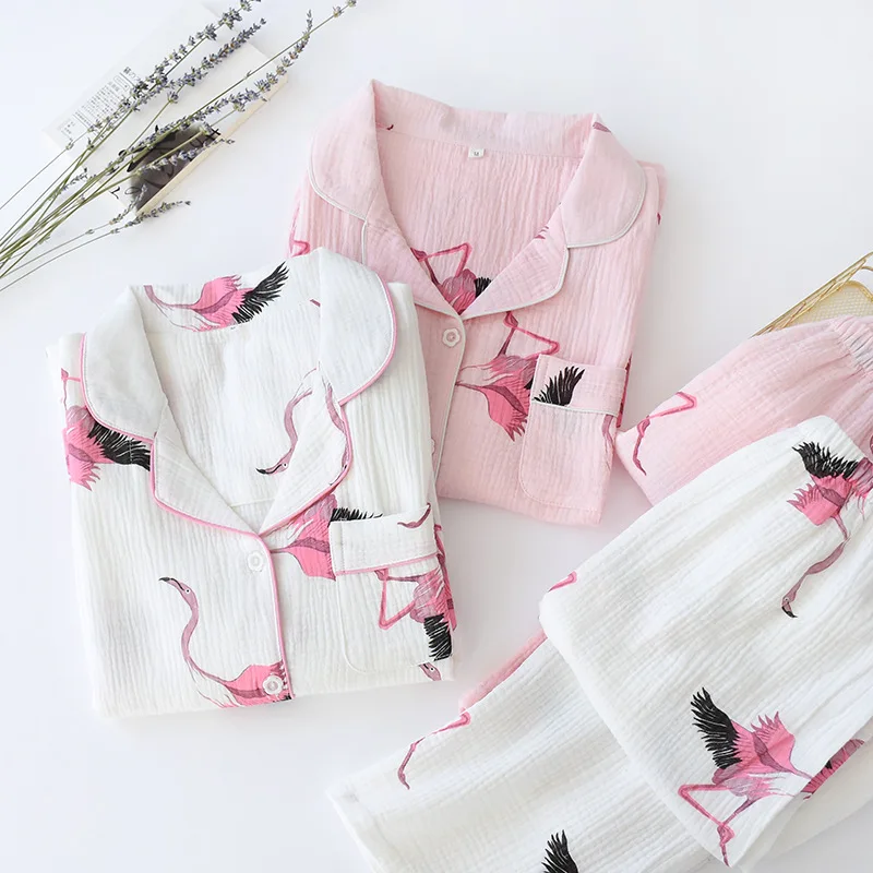 Women Pajama Sets Gauze Cotton Button Sleepwear Spring Summer Nightwear Suit Pink Flamingo Soft Plus Size Ladies Home Service
Women Pajama Sets Gauze Cotton Button Sleepwear Spring Summer Nightwear Suit Pink Flamingo Soft Plus Size Ladies Home Service