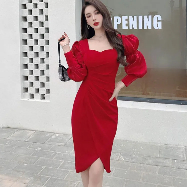 Women Elegant Square Collar Red Casual Ruched Wear To Work Dress Vestidos Vintage Puff Sleeve Bodycon Pencil Dress Female
Women Elegant Square Collar Red Casual Ruched Wear To Work Dress Vestidos Vintage Puff Sleeve Bodycon Pencil Dress Female