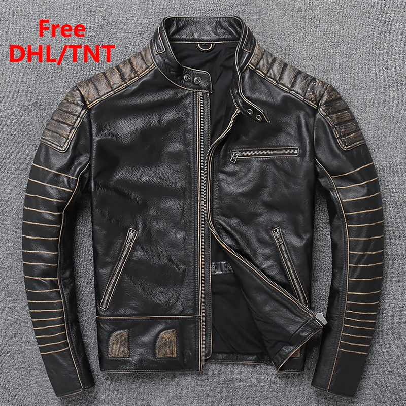 Genuine Leather Vintage Jacket Men's Large Size Classic Motorcycle Biker Coat Thick Cowhide Black Coat DHL Free Fast Shipping
Genuine Leather Vintage Jacket Men's Large Size Classic Motorcycle Biker Coat Thick Cowhide Black Coat DHL Free Fast Shipping