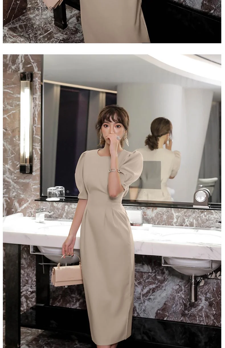 Bubble Sleeve dress Women's Mid-length khaki slim waist 2020 Spring and Autumn new round neck high waist elegant skirt
Bubble Sleeve dress Women's Mid-length khaki slim waist 2020 Spring and Autumn new round neck high waist elegant skirt