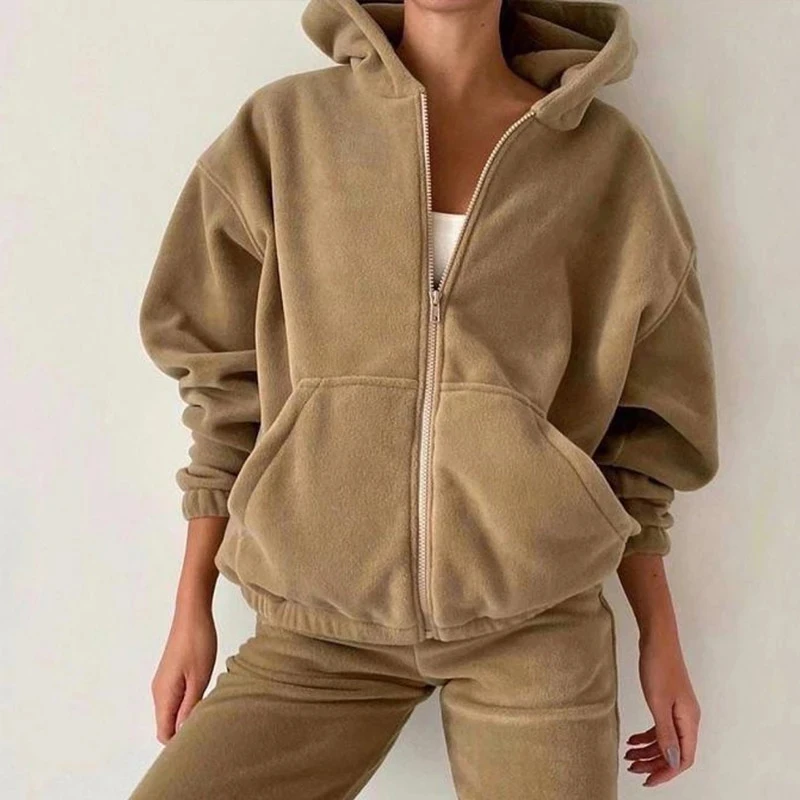 

Mulheres Casual Women's Fleece Hooded Zipper Sweatshirts 2Piece Harem Pant Suit Autumn Winter Fashion Streetwear Sports Set