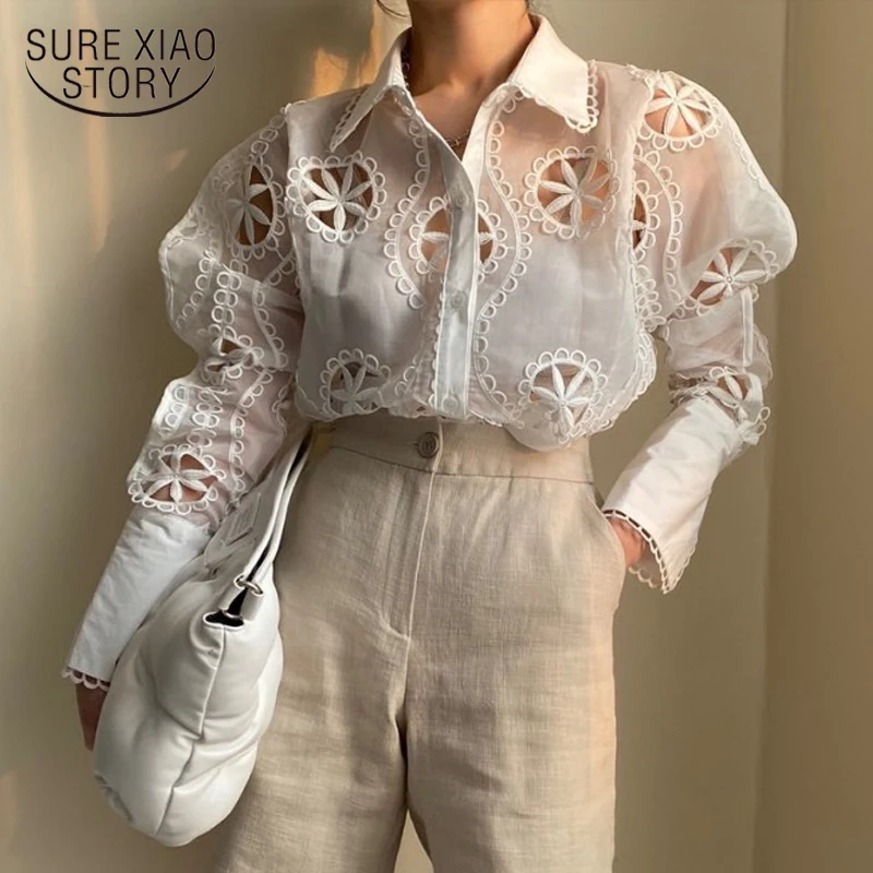

High Quality Hollow Out Floral Embroidery Elegant Shirt Lady Sexy See Through Long Sleeve Loose White Blouse Top New Trend 13369