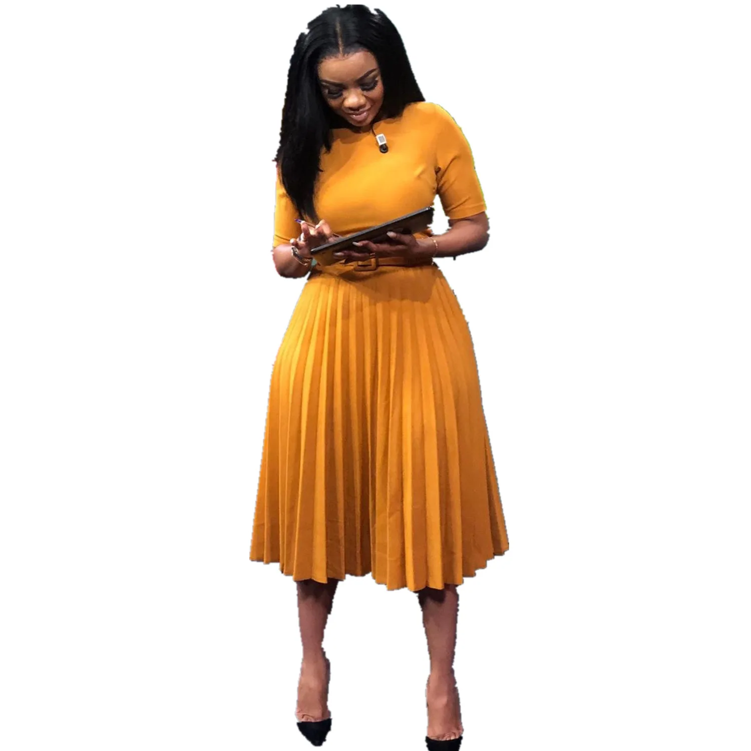 2019 new African fashion pleated round neck short sleeve flat belt yellow dress dresses for women dresses
2019 new African fashion pleated round neck short sleeve flat belt yellow dress dresses for women dresses