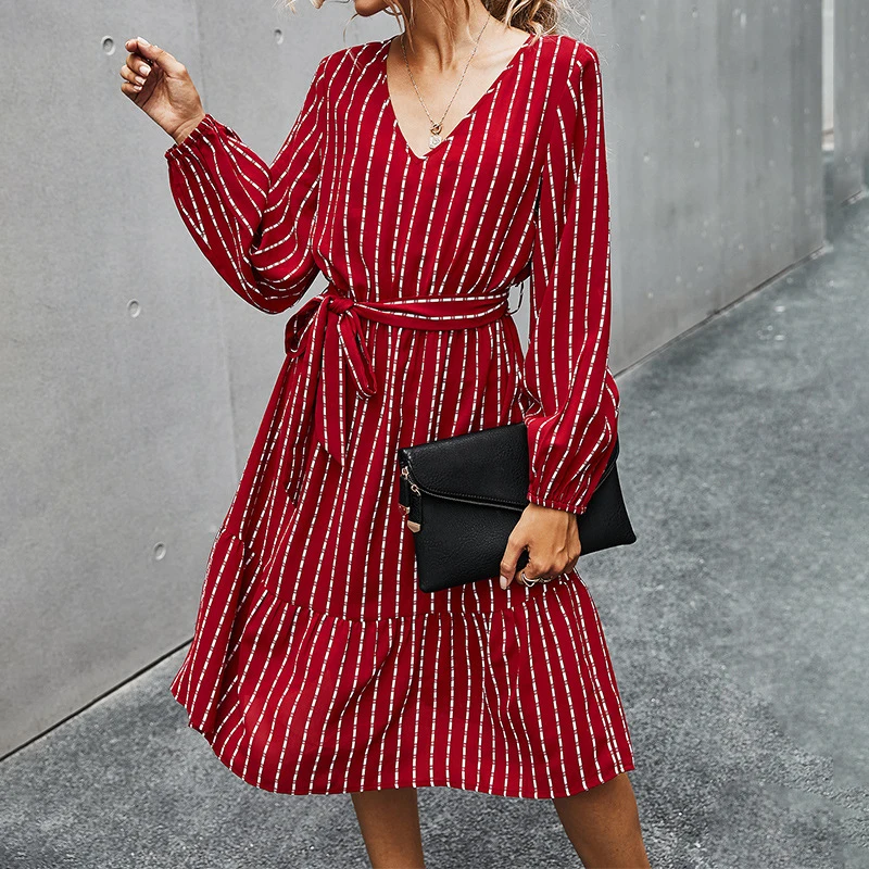 V Neck Office Ladies Stripe Dress Casual Long Sleeve Elegant Party Dresses Vestidos Female Striped Belted Dress
V Neck Office Ladies Stripe Dress Casual Long Sleeve Elegant Party Dresses Vestidos Female Striped Belted Dress