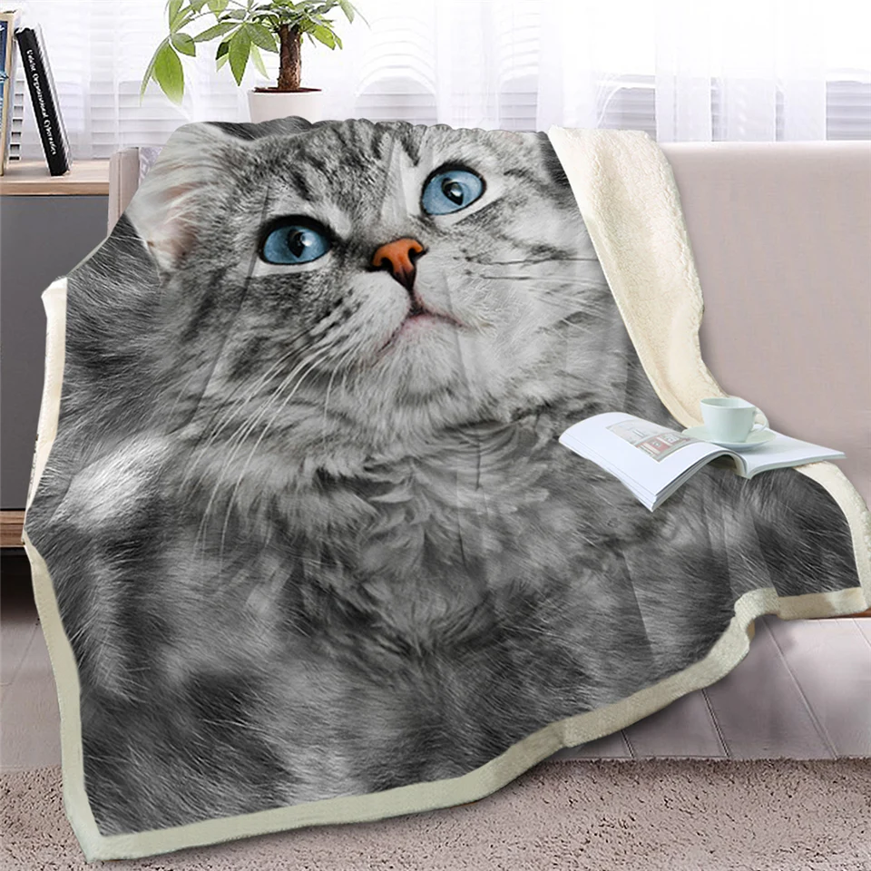 

3D Animal Gray Cat Throw Blanket on Bed Plush Sherpa Blanket Pet Siamese Bedspreads Fur Print Thin Quilt