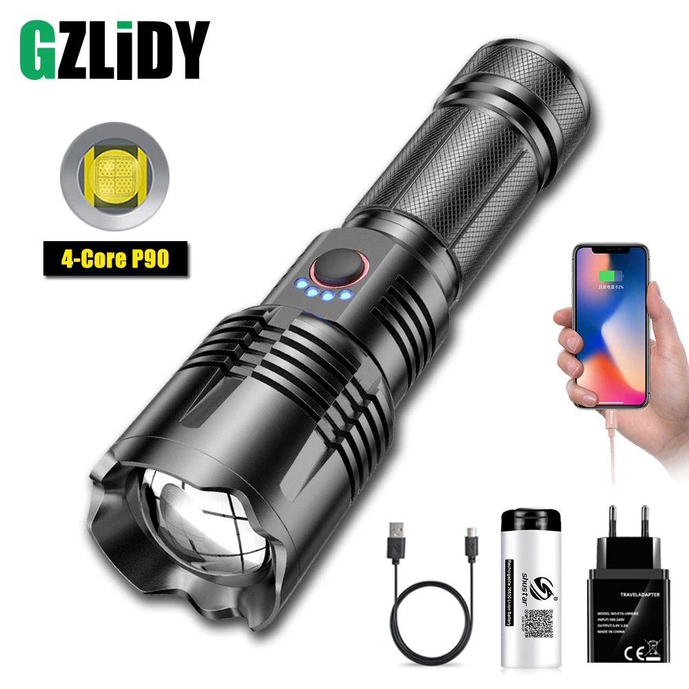 Portable LED Flashlight with 4-core P90 Powerful Torch Waterproof Zoomable Camping Lantern USB Rechargeable 18650 Bicycle Light
Portable LED Flashlight with 4-core P90 Powerful Torch Waterproof Zoomable Camping Lantern USB Rechargeable 18650 Bicycle Light
