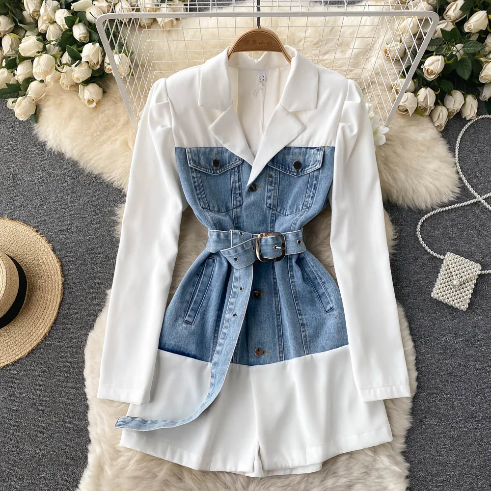 Retro denim stitching fake two-piece shirt skirt women's suit collar bubble long-sleeved temperament waist waist one-piece skirt
Retro denim stitching fake two-piece shirt skirt women's suit collar bubble long-sleeved temperament waist waist one-piece skirt