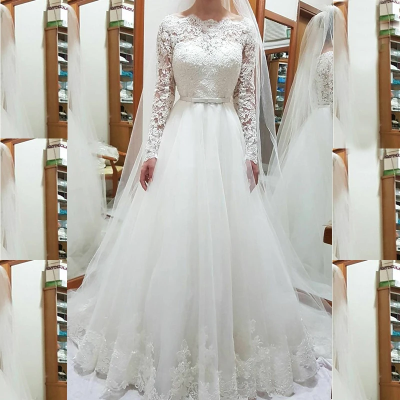 Hot Sale Graceful A Line Lace Long Sleeve Bridal Wedding Dresses Ivory Bateau Neck Wedding Gowns for Bride Illusion Buttons Back
Hot Sale Graceful A Line Lace Long Sleeve Bridal Wedding Dresses Ivory Bateau Neck Wedding Gowns for Bride Illusion Buttons Back