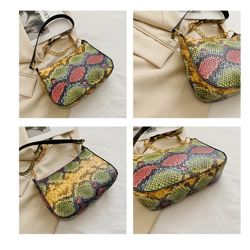 2021 New Trendy Fashion Messenger Chain Bag Western Snakeskin Texture Baguette Shoulder Bag Handbag Satchels Purses