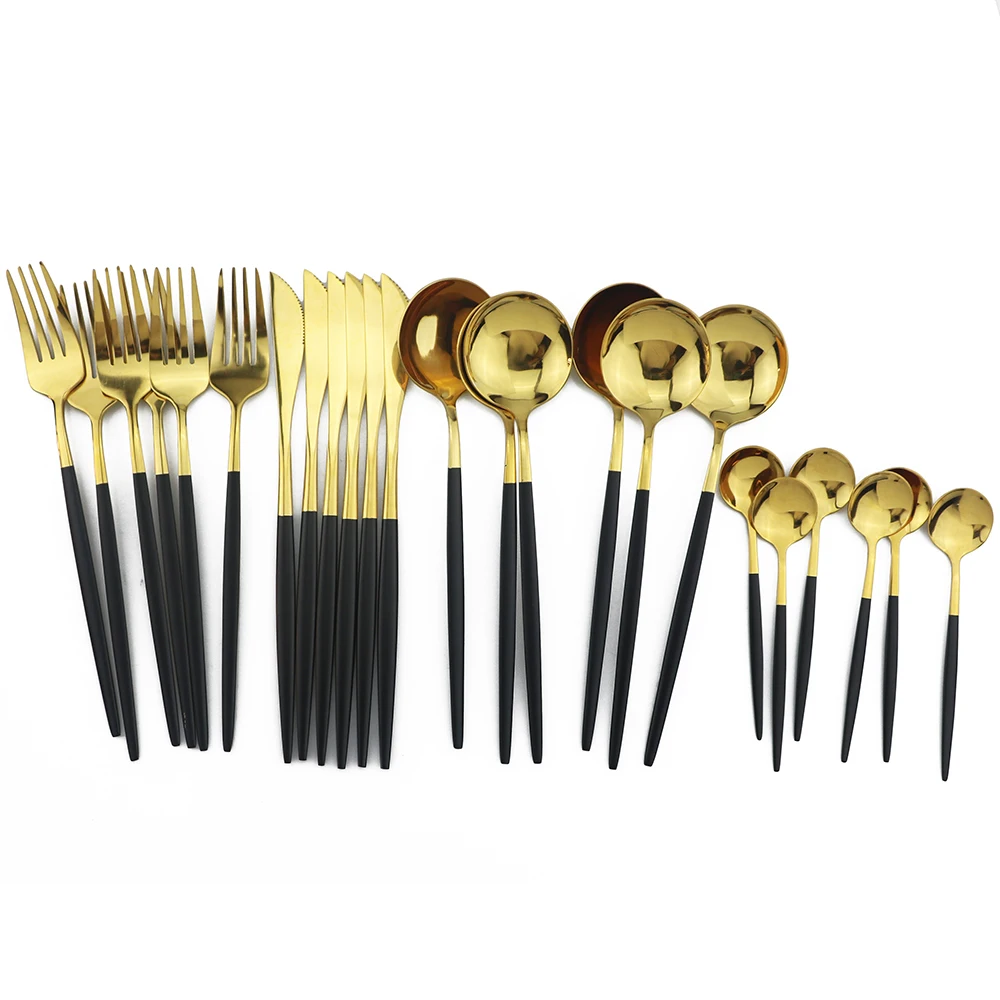 24Pcs Dinnerware Set Stainless Steel Cutlery Set Kitchen Glossy Gold Tableware Set Knife Fork Spoon Black Gold Silverware Sets
24Pcs Dinnerware Set Stainless Steel Cutlery Set Kitchen Glossy Gold Tableware Set Knife Fork Spoon Black Gold Silverware Sets