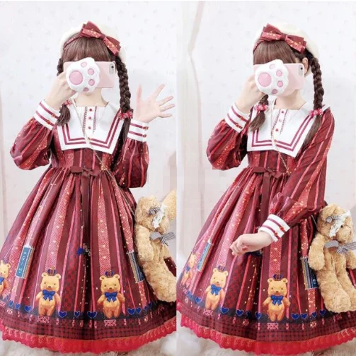Victorian Kawaii Lolita Dress Cute Vintage Bear Printing Long Sleeve Dress Lovely Girl Gothic Lolita Dress with Headwear Lol
Victorian Kawaii Lolita Dress Cute Vintage Bear Printing Long Sleeve Dress Lovely Girl Gothic Lolita Dress with Headwear Lol