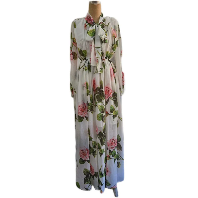 AELESEEN Fashion Runway Autumn Dress Women Bow Collar Long Sleeve Chiffon Rose Flower Print Vintage Lady Long Dress Vestidos 
AELESEEN Fashion Runway Autumn Dress Women Bow Collar Long Sleeve Chiffon Rose Flower Print Vintage Lady Long Dress Vestidos