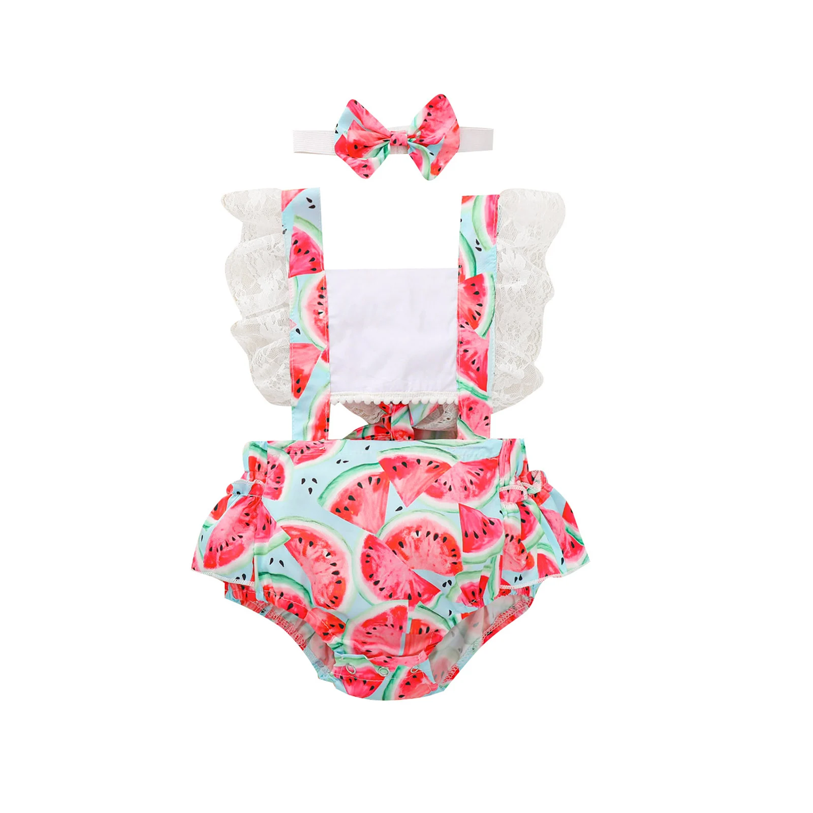 Girls' Watermelon Printed 2Pcs Romper Set, Ruffled Lace Sleeve Square Neck Hollowed Bodysuit with Headband
Girls' Watermelon Printed 2Pcs Romper Set, Ruffled Lace Sleeve Square Neck Hollowed Bodysuit with Headband
