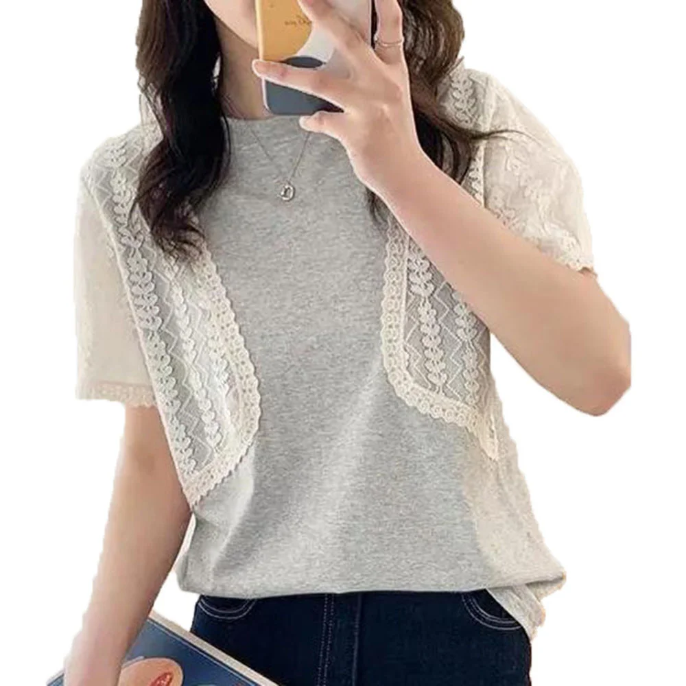 Korean Fashion 2021 Summer New T-Shirt Lace Splicing Design Solid Color Temperament Simplicity Round Neck Summer
Korean Fashion 2021 Summer New T-Shirt Lace Splicing Design Solid Color Temperament Simplicity Round Neck Summer