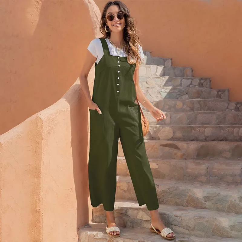 Square Collar Button Solid Color Pocket Sleeveless Wide Leg Rompers Women Casual Streetwear Plus Size Loose Long Jumpsuits
Square Collar Button Solid Color Pocket Sleeveless Wide Leg Rompers Women Casual Streetwear Plus Size Loose Long Jumpsuits