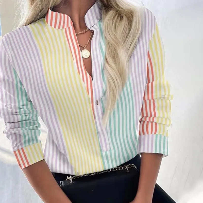 Long-Sleeved Shirt Women's Color Striped Shirt Slim Tops 2021 Autumn Winter Bottoming Shirt New V-Neck One Button Casual Blouses
Long-Sleeved Shirt Women's Color Striped Shirt Slim Tops 2021 Autumn Winter Bottoming Shirt New V-Neck One Button Casual Blouses