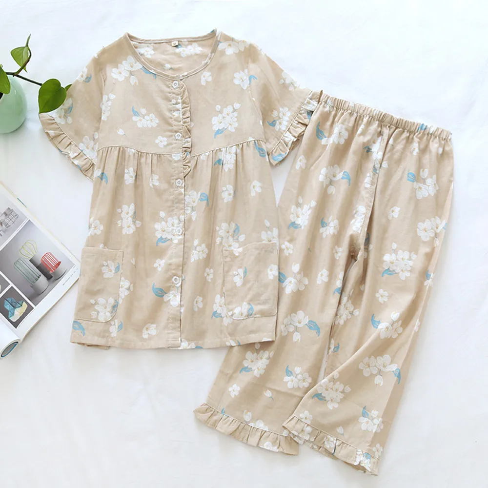 Fdfklak Summer Thin Gauze Cotton Homewear O-Neck Women's Loose Lady Sleepwear Female Pajamas Set Floral Print Home Suit 
Fdfklak Summer Thin Gauze Cotton Homewear O-Neck Women's Loose Lady Sleepwear Female Pajamas Set Floral Print Home Suit