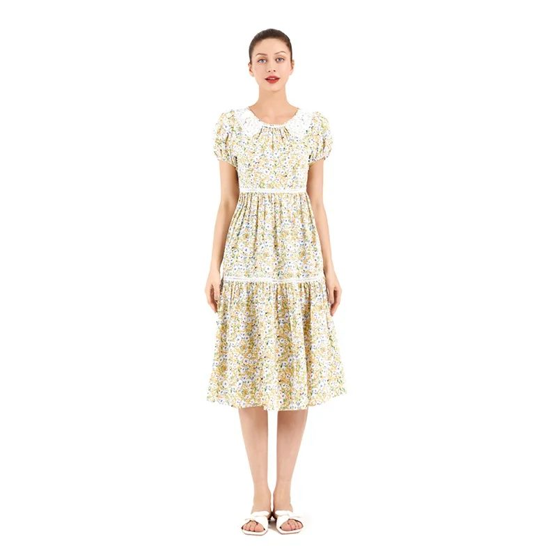 New mid long baby collar bubble sleeve light yellow floral dress women's summer
New mid long baby collar bubble sleeve light yellow floral dress women's summer