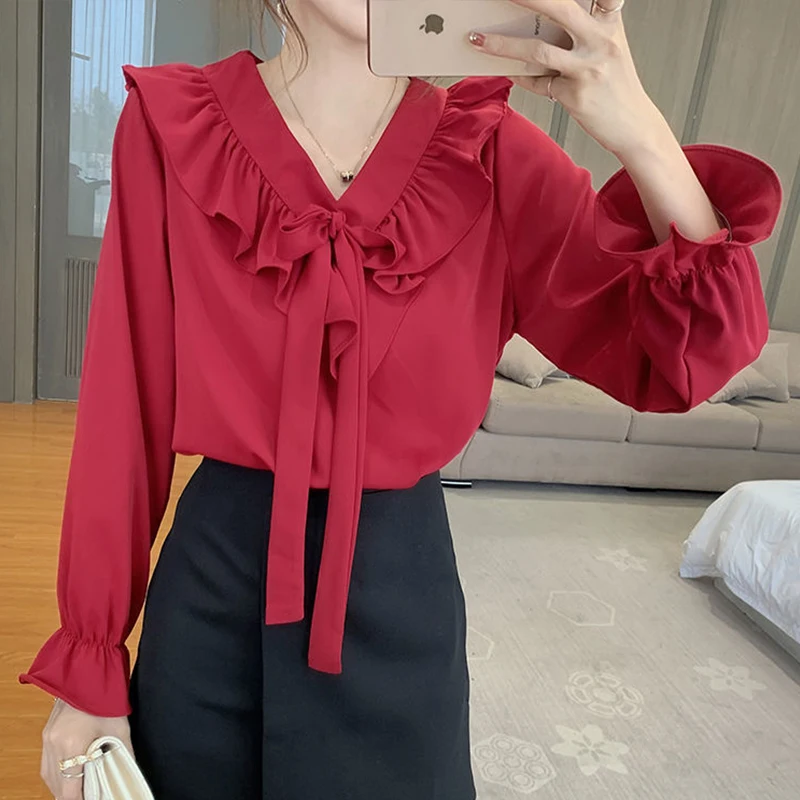 2021 Women's Spring Autumn Style Chiffon Blouses Shirt Ruffles Lace Up Lantern Sleeve Solid Color Korean Loose Tops
2021 Women's Spring Autumn Style Chiffon Blouses Shirt Ruffles Lace Up Lantern Sleeve Solid Color Korean Loose Tops