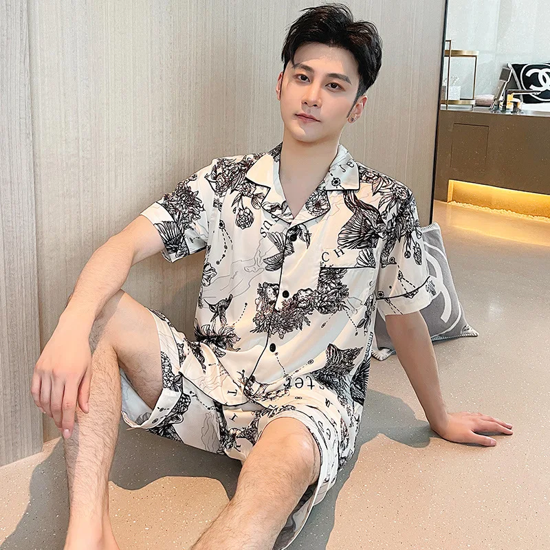 Lovers Pajamas Suit Sleepwear Ice Silk Short Sleeve Shorts Summer Thin Satin Men Women Pijamas Suit Print Loungewear Home Wear
Lovers Pajamas Suit Sleepwear Ice Silk Short Sleeve Shorts Summer Thin Satin Men Women Pijamas Suit Print Loungewear Home Wear