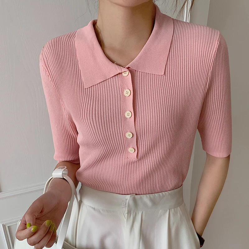 2021 New Style Ice Silk Polo Knitwear Women Summer Cold Temperament Short-sleeved Simple Korean Version Slim Pullover Cozy Tops
2021 New Style Ice Silk Polo Knitwear Women Summer Cold Temperament Short-sleeved Simple Korean Version Slim Pullover Cozy Tops