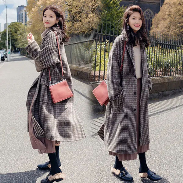 Woolen coat Women's Mid-length new houndstooth coat women's autumn and winter style