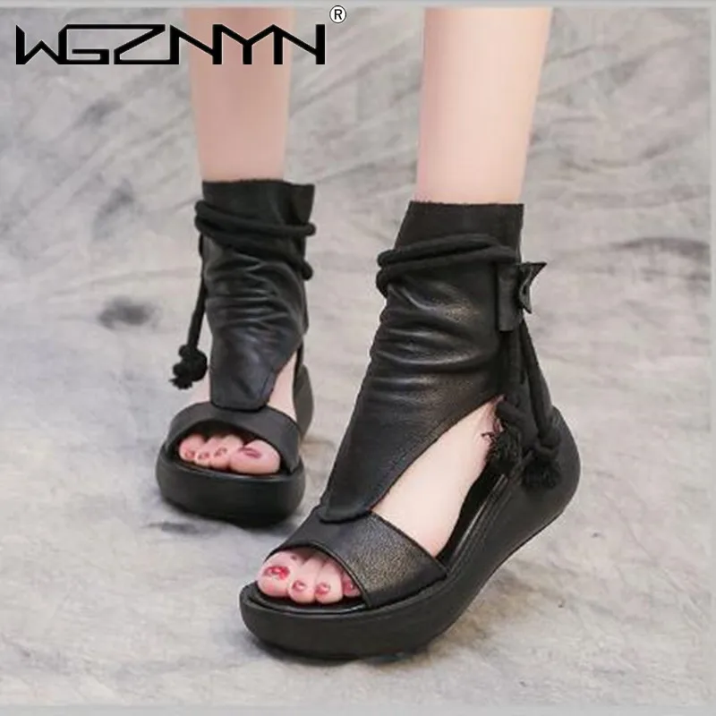 

2021 Roman Style Summer Boots Women Sandal Shoes Leather Sandals Thick Sole Heighten Shoes Woman Wedges Sandals Open Toe Shoes