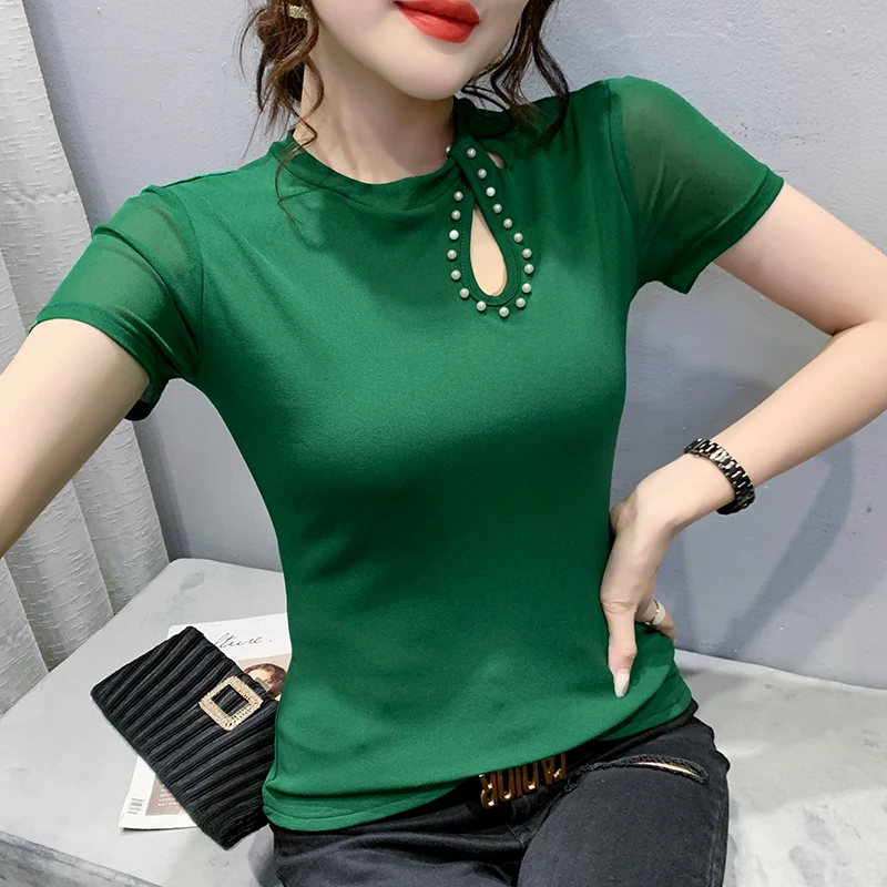 Solid Color Sexy Mesh Beading Woman Tshirt O-neck Ladies Tees 2021 New Summer Short Sleeve Hollow Tops All-match Bottoming Shirt
Solid Color Sexy Mesh Beading Woman Tshirt O-neck Ladies Tees 2021 New Summer Short Sleeve Hollow Tops All-match Bottoming Shirt