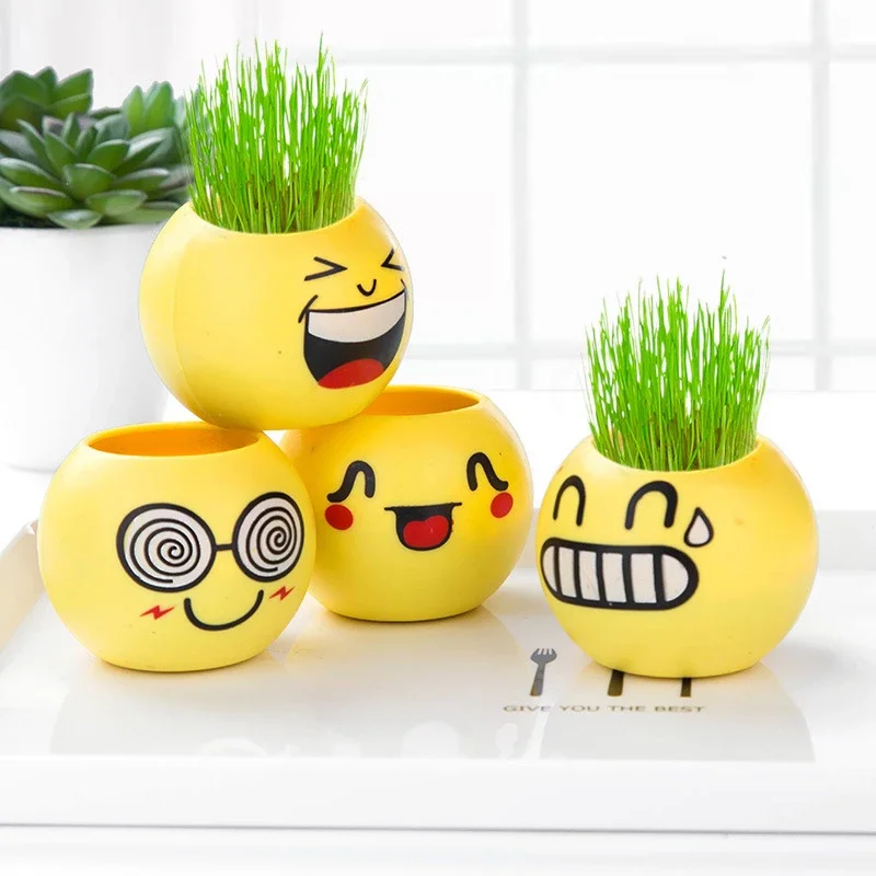

Office Decor Small Grass Potted Children Indoor Balcony Cute Expression Long Grass Head Doll Baby Pot Planters Vase Flower Pot
