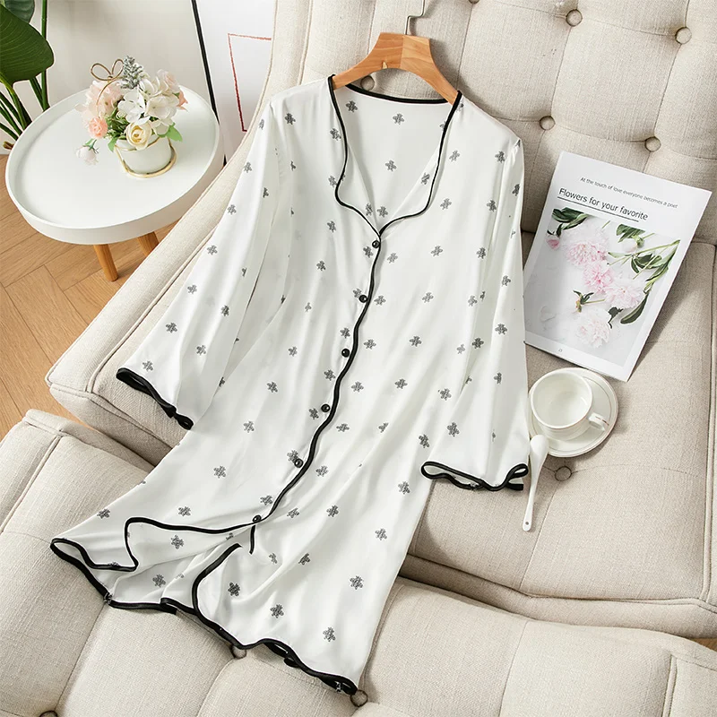 

Satin Nightdress for Women Long Sleeve Autumn Summer Buttons Nightgowns & Sleepshirts Women Sleepwear Princess Style Outwear Pjs