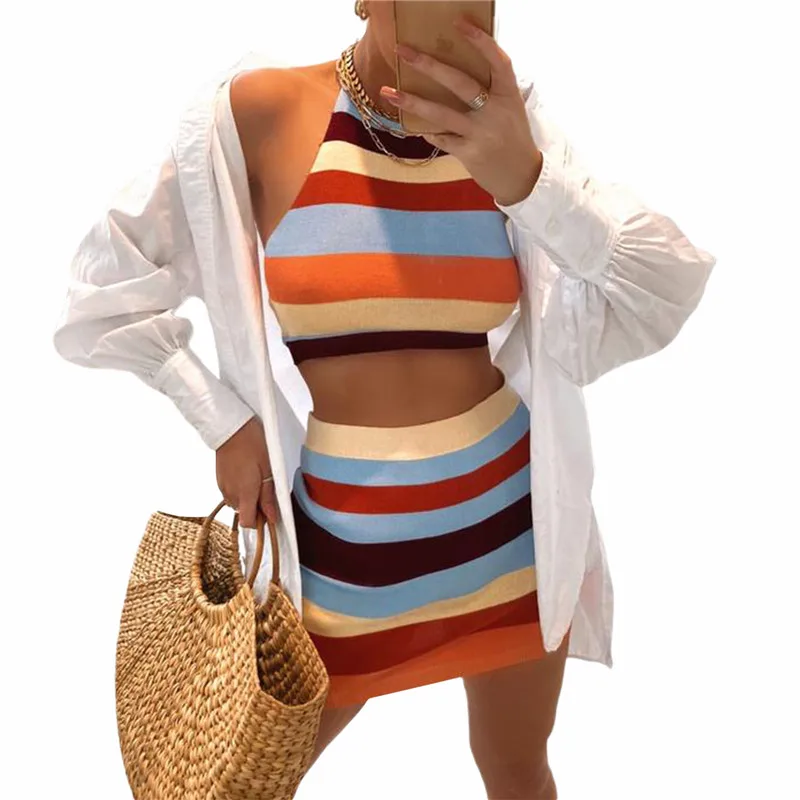 Women Rainbow Striped Clothing Set Ribbed Knitted Sleeveless Halter Camisole Top Skinny Skirt Two-piece Suit for Party Vacation
Women Rainbow Striped Clothing Set Ribbed Knitted Sleeveless Halter Camisole Top Skinny Skirt Two-piece Suit for Party Vacation