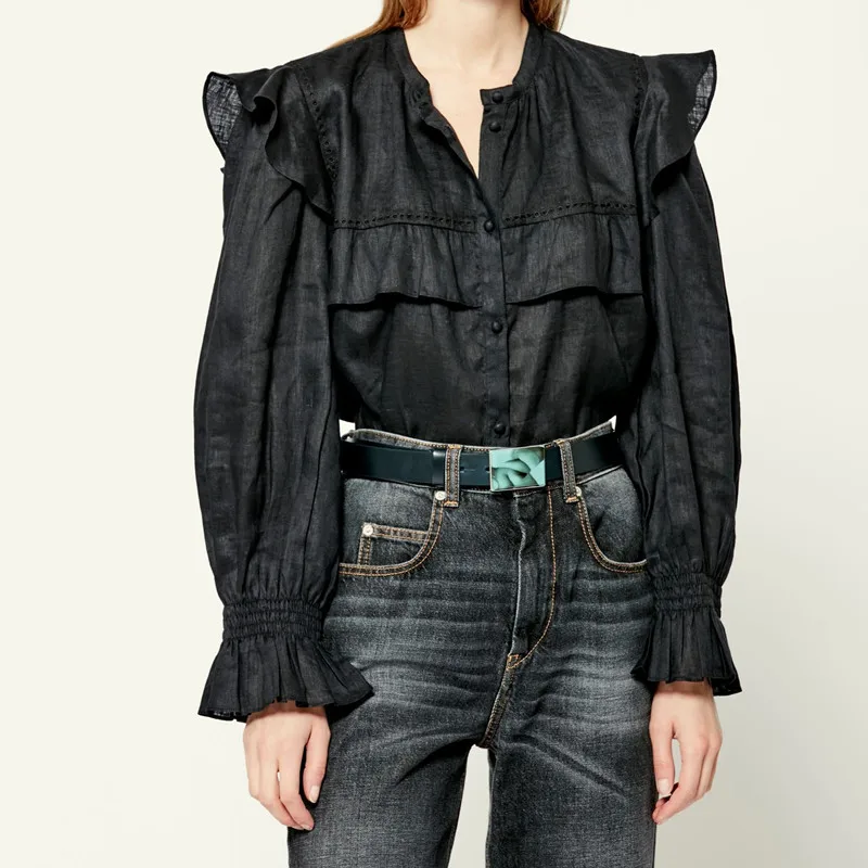 2021 Autumn Ladies White Black Shirts Linen Blouse Women's Ruffles Long Sleeve Simple Stand Collar Single Breasted Tops
2021 Autumn Ladies White Black Shirts Linen Blouse Women's Ruffles Long Sleeve Simple Stand Collar Single Breasted Tops