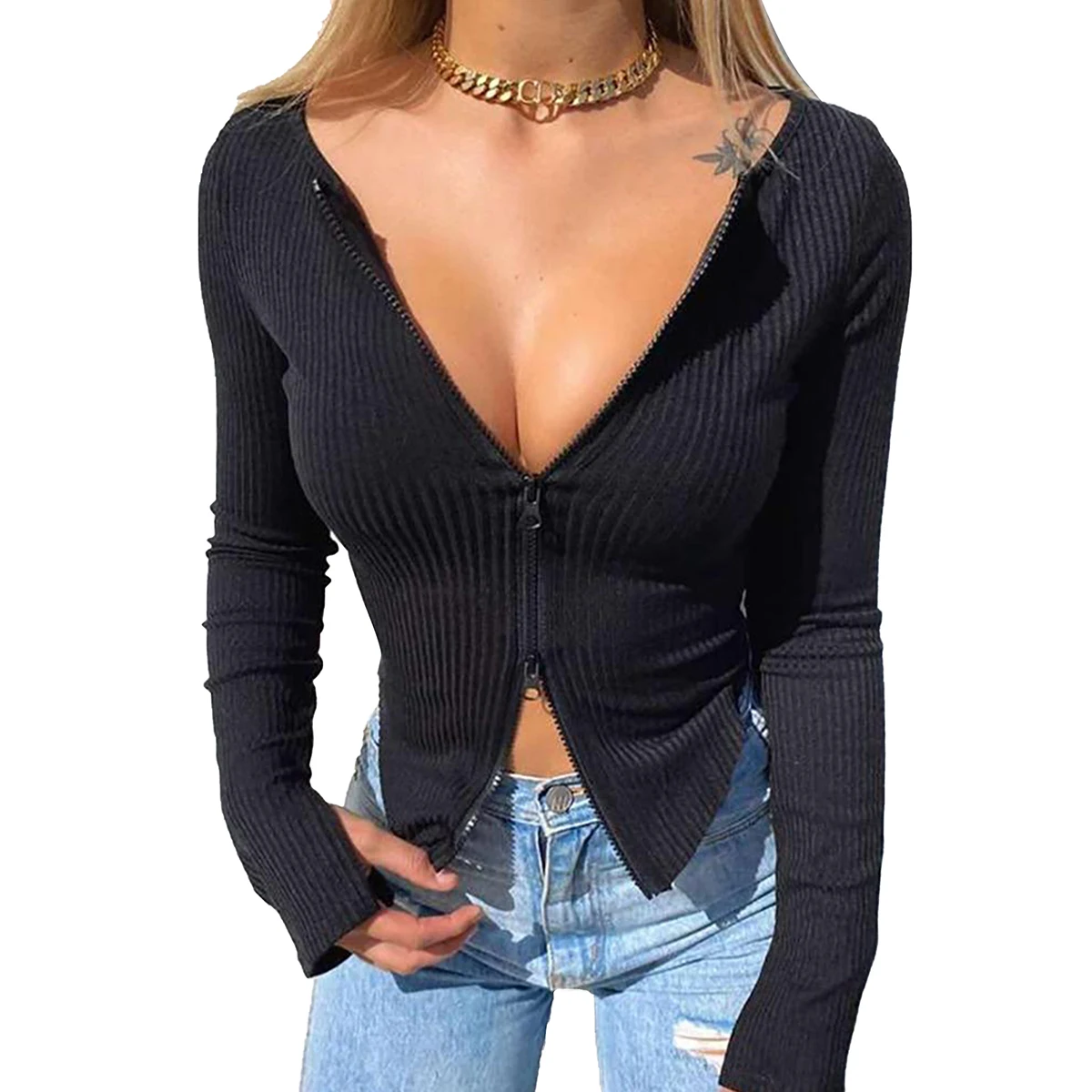 Women T-shirt Spring Autumn Clothes Ribbed Knitted Long Sleeve Crop Tops Zipper Design Tee Sexy Female Slim Black White Tops
Women T-shirt Spring Autumn Clothes Ribbed Knitted Long Sleeve Crop Tops Zipper Design Tee Sexy Female Slim Black White Tops