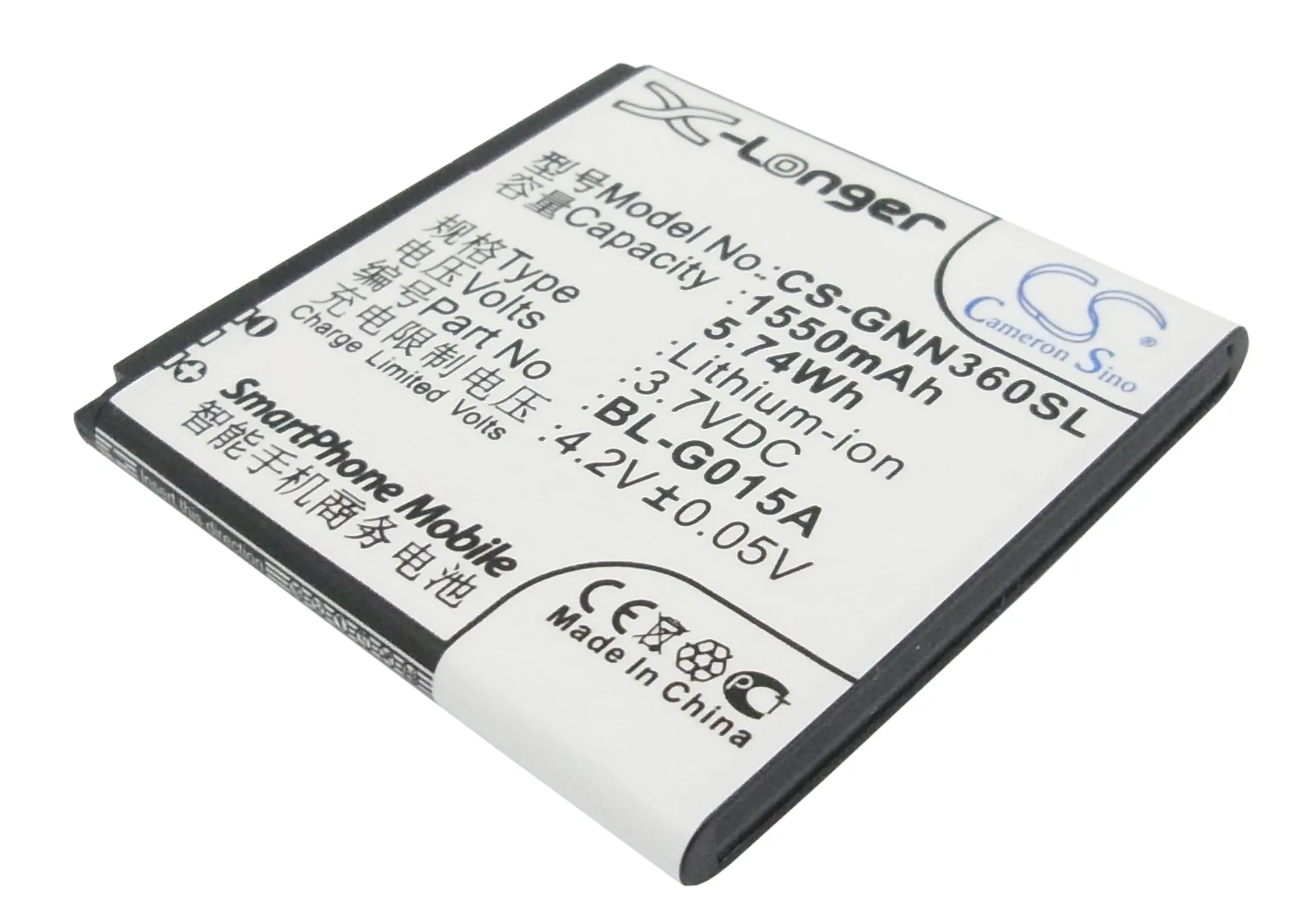 CS 1550mAh / 5.74Wh battery for GIONEE GN108, GN205H, GN305, GN305G, GN360, GN380 BL-G015A
CS 1550mAh / 5.74Wh battery for GIONEE GN108, GN205H, GN305, GN305G, GN360, GN380 BL-G015A