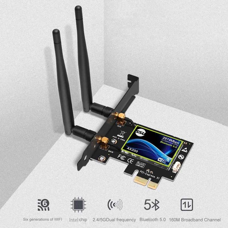 Dual Band PCI Express WiFi Card Gigabit for AX200 2.4G/5Ghz 802.11Ac/Ax 5.0 Bluetooth Adapter Only Support Window10
Dual Band PCI Express WiFi Card Gigabit for AX200 2.4G/5Ghz 802.11Ac/Ax 5.0 Bluetooth Adapter Only Support Window10