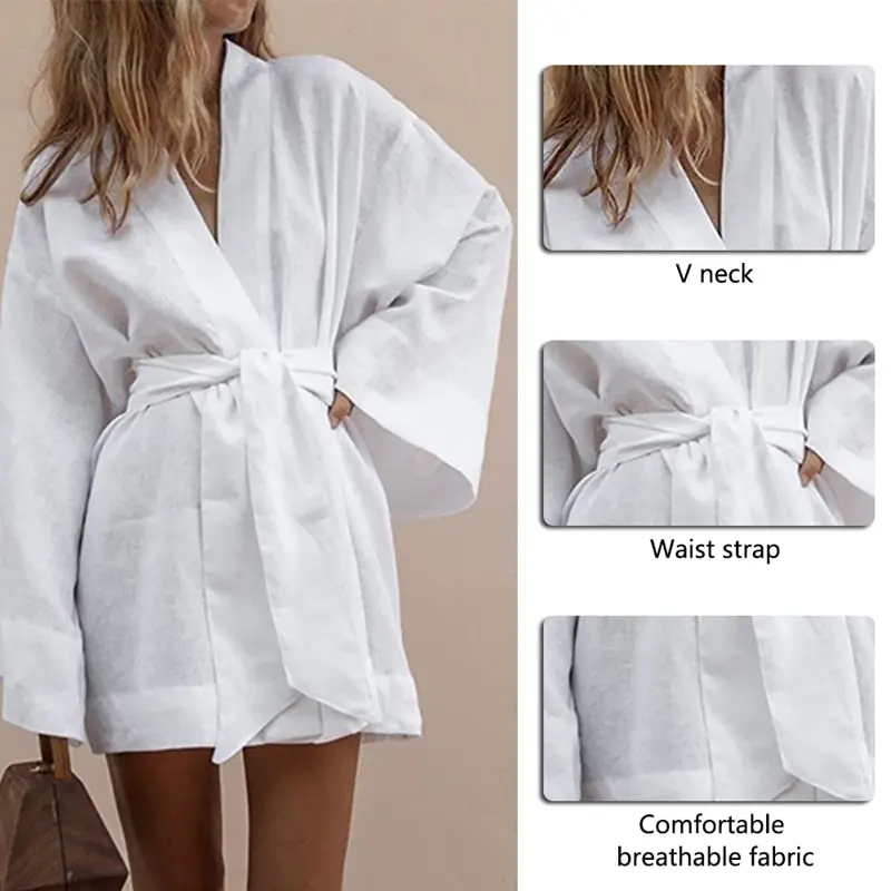 New Women's V-Neck Kimono Cardigan Mini Dress White Cotton Linen Long Sleeve Sashes Lace Up Dresses Women Summer Loose Vestidos
New Women's V-Neck Kimono Cardigan Mini Dress White Cotton Linen Long Sleeve Sashes Lace Up Dresses Women Summer Loose Vestidos