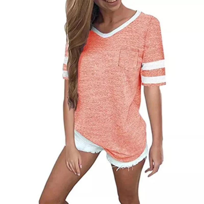 2021 spring summer hot sale casual stitching V-neck contrast pocket short-sleeved loose pullover women's top T-shirt
2021 spring summer hot sale casual stitching V-neck contrast pocket short-sleeved loose pullover women's top T-shirt